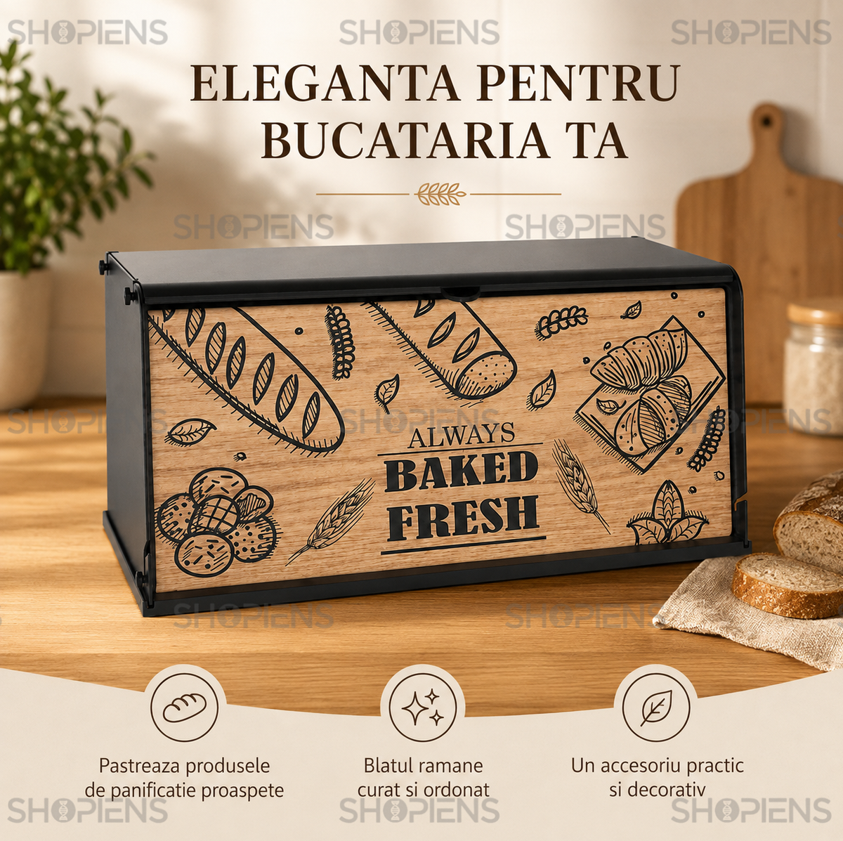 Cutie pentru paine lemn si negru, cu tocator inclus, 40.5cm x 21cm x 19cm