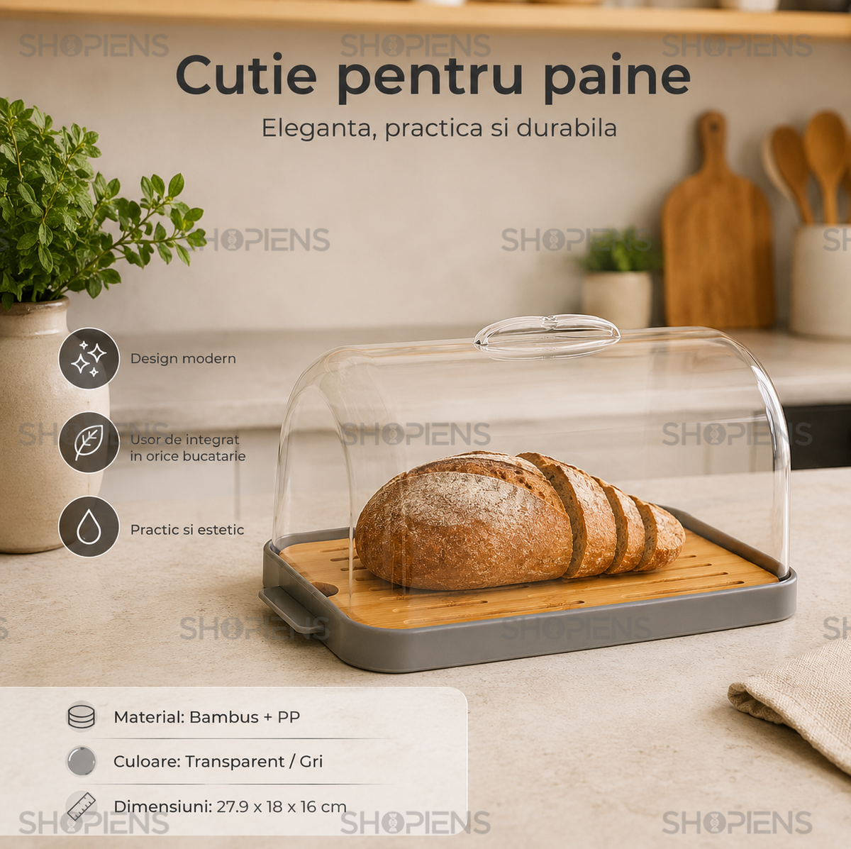 Cutie pentru paine transparent si gri, plastic si bambus, 27.9cm x 18cm x 16cm