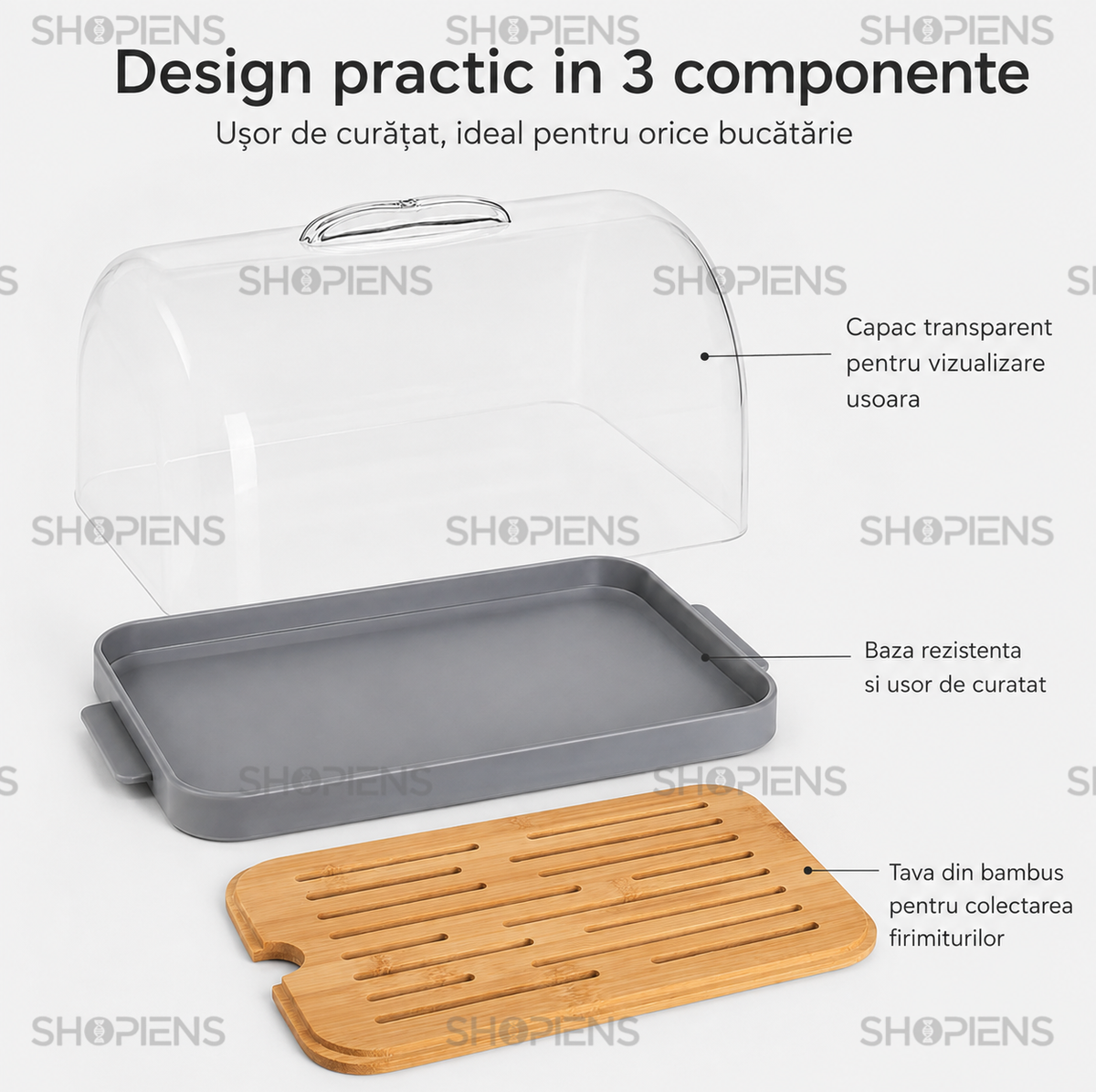 Cutie pentru paine transparent si gri, plastic si bambus, 27.9cm x 18cm x 16cm