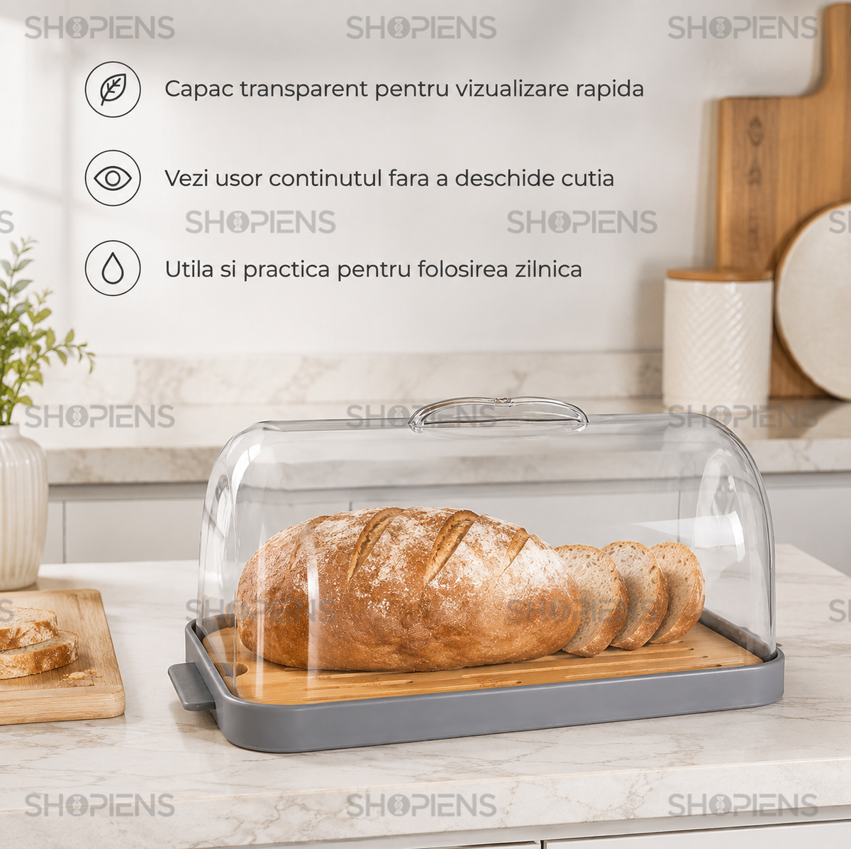 Cutie pentru paine transparent si gri, plastic si bambus, 27.9cm x 18cm x 16cm