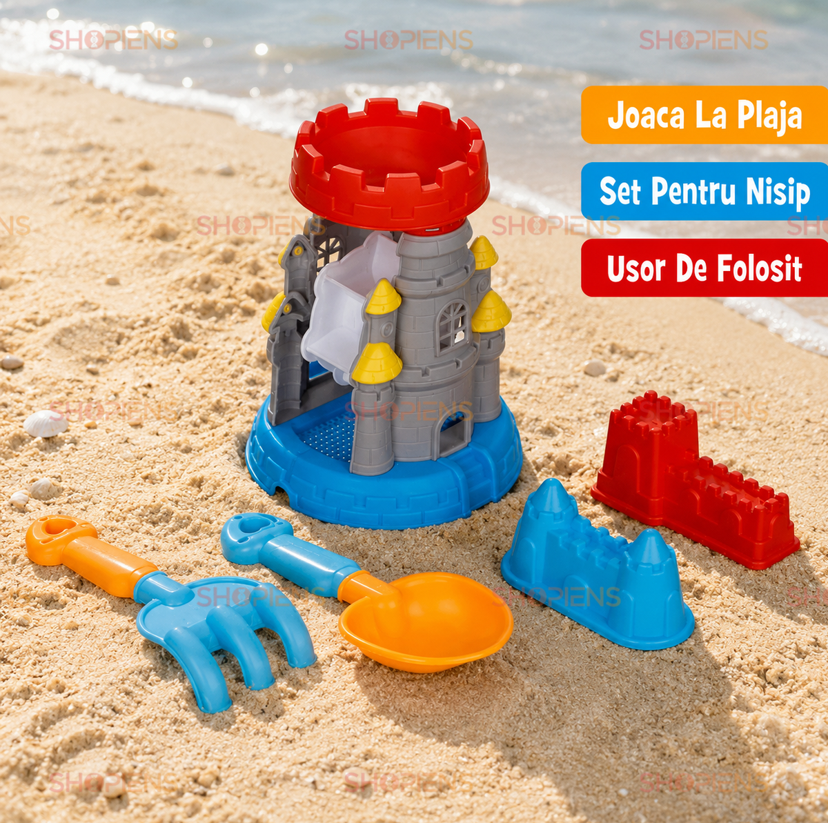 Set Castel Cu 4 Accesorii Pentru Plaja Copii Ø17.5x22.5 cm Grebla Lopatica Si Forme
