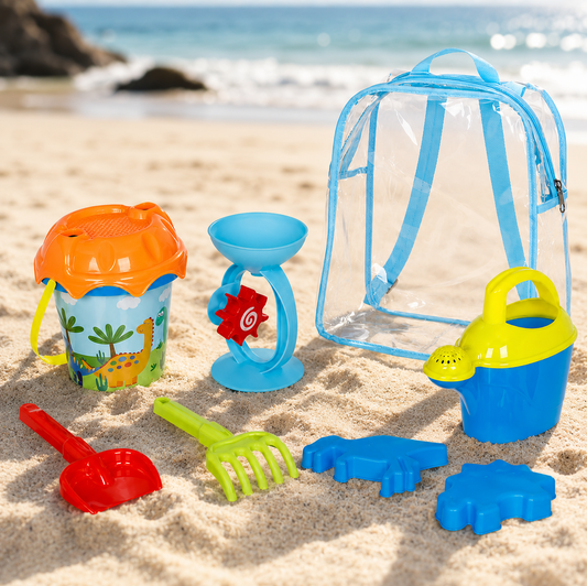 Set 8 Piese Plaja Copii Cu Ghiozdan Transparent Galetusa Dinozaur Moara Stropitoare Si Forme