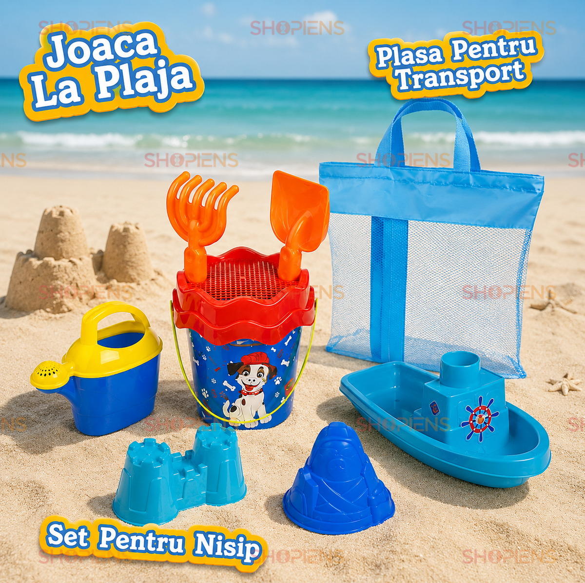 Set 8 Piese Plaja Copii Cu Plasa Transport Galetusa Vaporas Stropitoare Lopatica Grebla Si Forme
