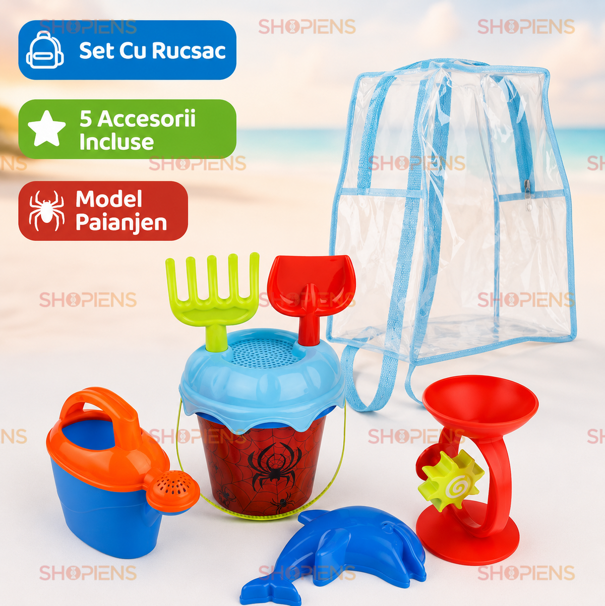 Set Ghiozdan Transparent Cu 6 Accesorii Pentru Plaja Copii Galetusa Paianjen Moara Stropitoare Si Forma Delfin