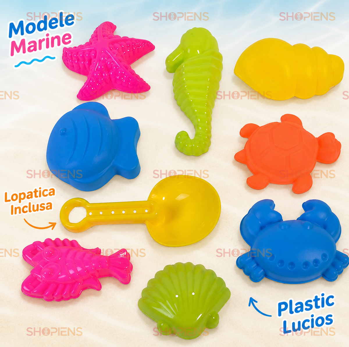 Set 9 Jucarii Nisip Copii Cu Lopatica Si Forme Animale Marine Colorate Pentru Plaja