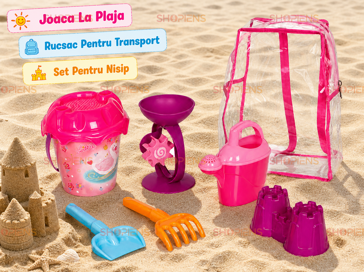 Set Ghiozdan Transparent Roz Cu 6 Accesorii Plaja Copii Galetusa Lebada Moara Stropitoare Si Castel