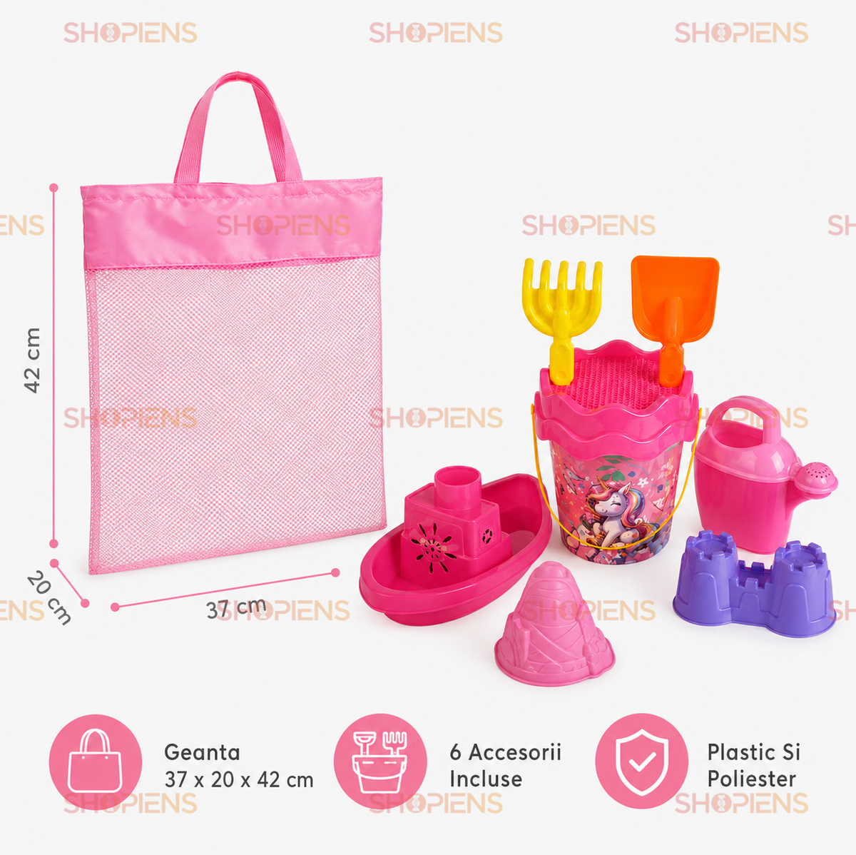 Set Plasa Roz Cu 7 Accesorii De Plaja Copii 37x20x42 cm Galetusa Unicorn Vaporas Si Forme
