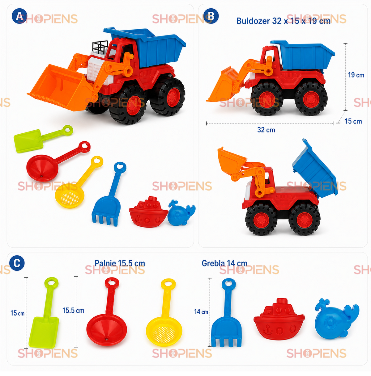 Set 7 Piese Plaja Copii Cu Buldozer Rosu Albastru Cupa Frontala Si Accesorii Pentru Nisip