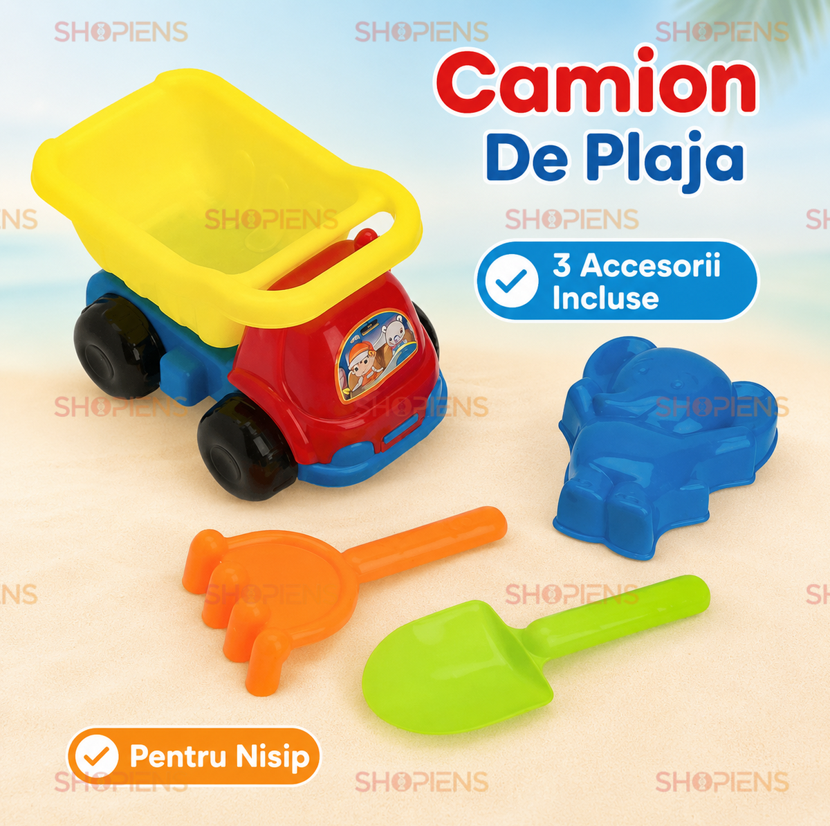 Set 4 Jucarii Nisip Copii Cu Camion Basculant Lopatica Grebla Si Forma Elefant Pentru Plaja