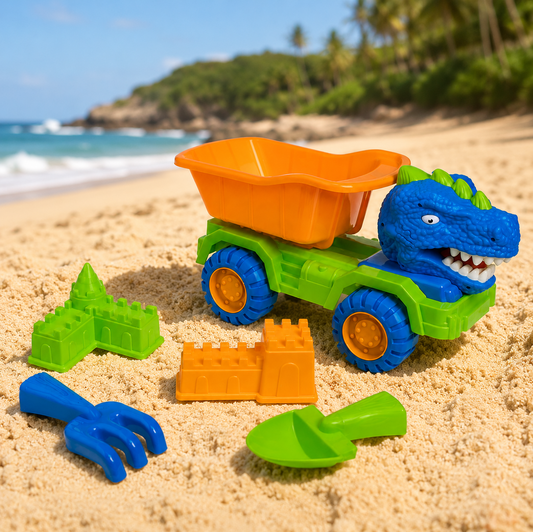 Set 6 Jucarii De Plaja Cu Camion Dinozaur Verde Albastru Lopata Grebla Si Forme Castel