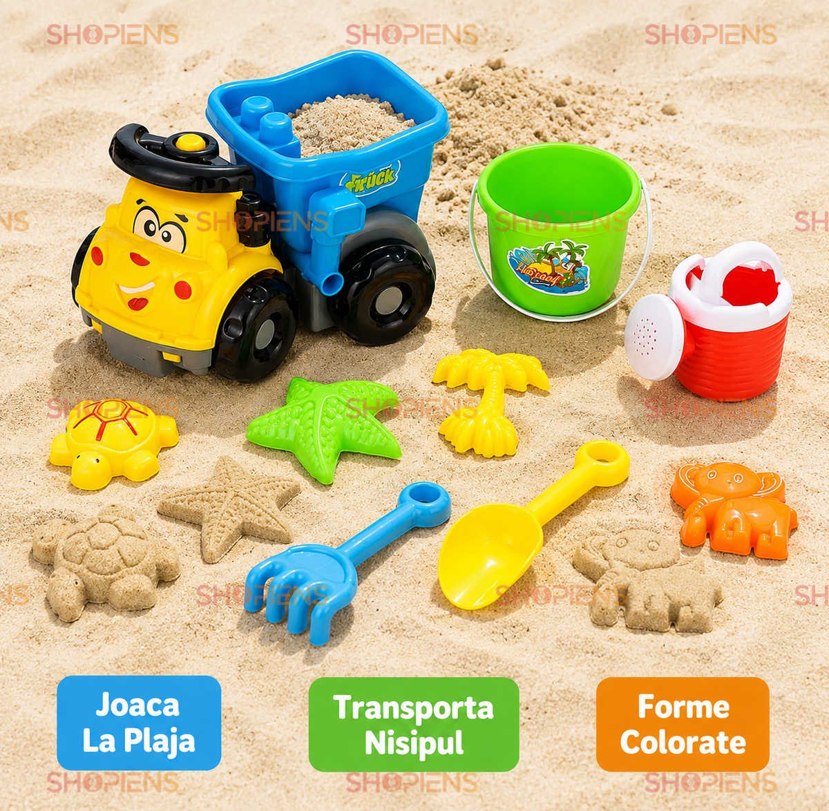Set 9 Piese Plaja Copii Cu Camion Galben Albastru Galetusa Stropitoare Lopata Grebla Si Forme Marine