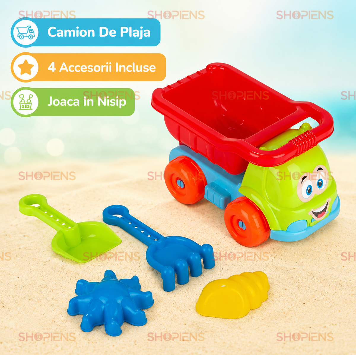 Set 5 Piese Nisip Copii Camion Colorat Cu Bena Lopatica Grebla Si Forme Marine Pentru Plaja