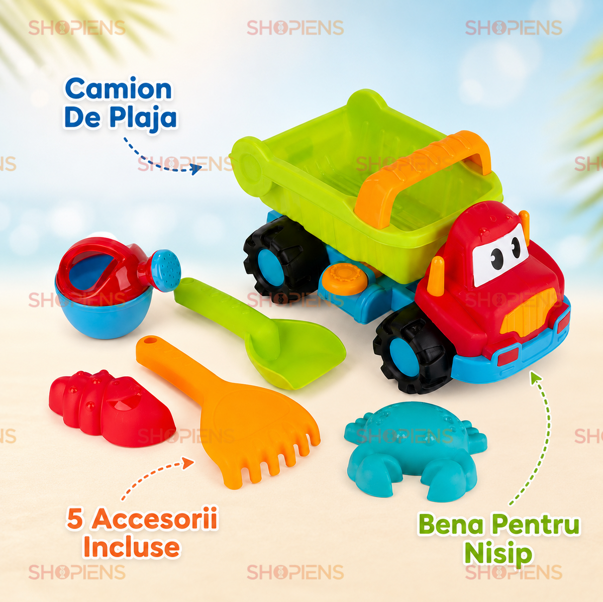 Set 6 Piese Nisip Copii Cu Camion Verde Lime Stropitoare Lopatica Grebla Si Forme Marine