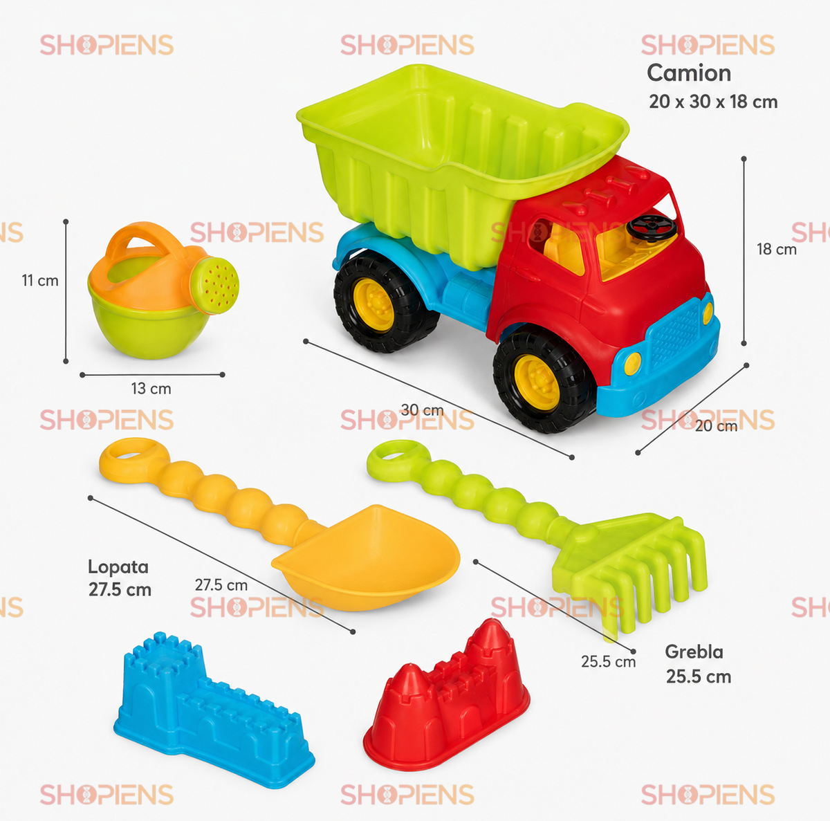 Set 6 Piese Pentru Nisip Cu Camion Mare Rosu Verde Lime Stropitoare Lopata Grebla Si Forme Castel