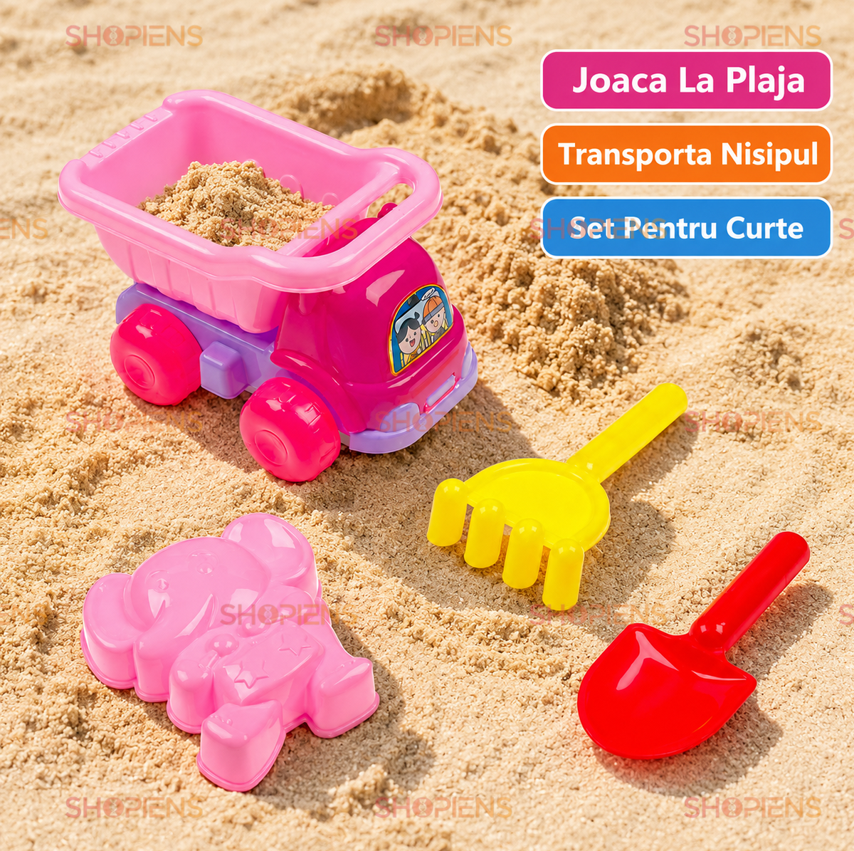 Set 4 Piese Plaja Copii Camion Roz Cu Bena Lopatica Grebla Si Forma Elefant Pentru Nisip