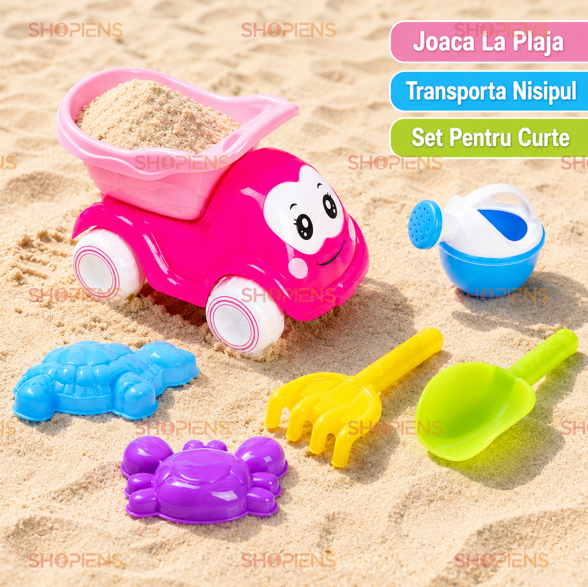 Set 6 Accesorii Plaja Copii Cu Camion Roz Stropitoare Lopatica Grebla Si Forme Pentru Nisip