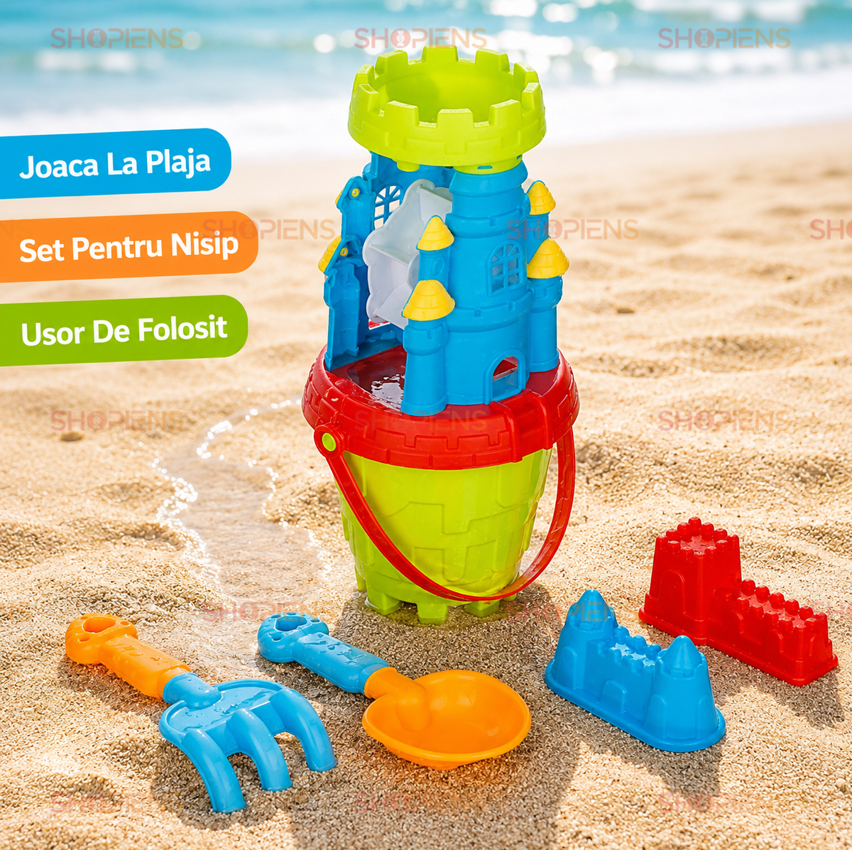 Set Galeata Castel Cu 4 Accesorii Pentru Plaja Copii Ø20x37.5 cm Lopatica Grebla Si Forme