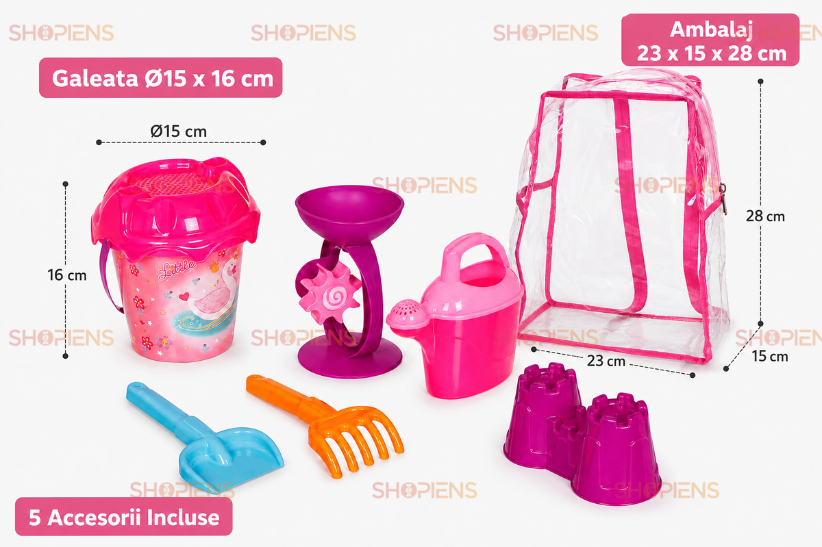 Set Ghiozdan Transparent Roz Cu 6 Accesorii Plaja Copii Galetusa Lebada Moara Stropitoare Si Castel