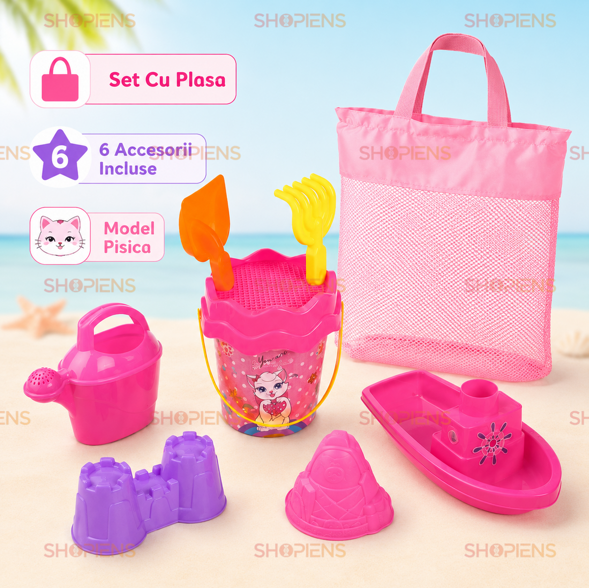 Set Plasa Roz Cu 7 Accesorii Plaja Copii 33x11x35 cm Galetusa Pisicuta Vaporas Stropitoare Si Forme