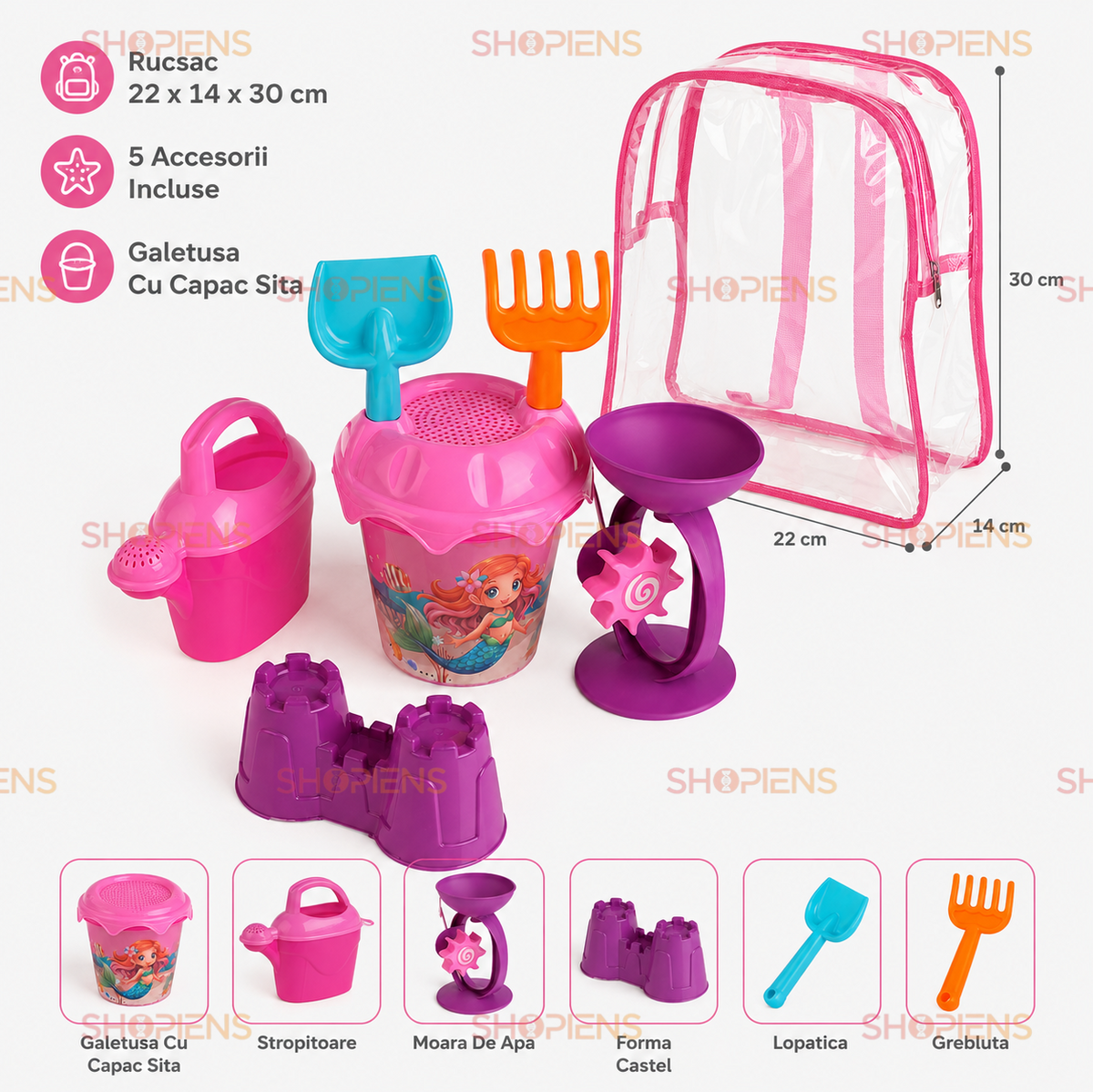 Set Ghiozdan Transparent Roz Cu 6 Accesorii Plaja Copii Galetusa Sirena Moara Stropitoare Si Castel