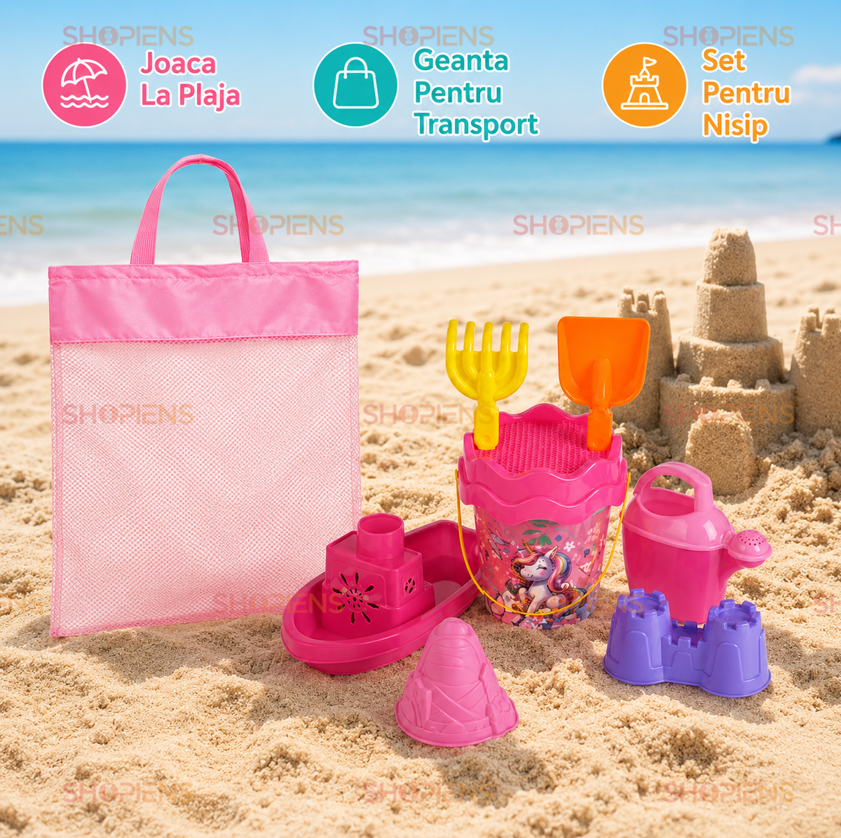 Set Plasa Roz Cu 7 Accesorii De Plaja Copii 37x20x42 cm Galetusa Unicorn Vaporas Si Forme