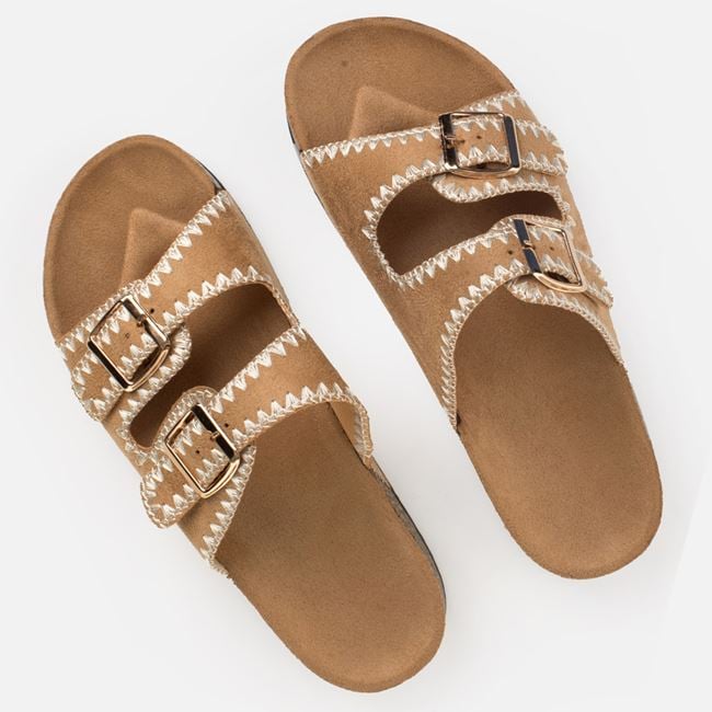 Papuci Dama Camel Cu Barete Duble Si Catarame Aurii
