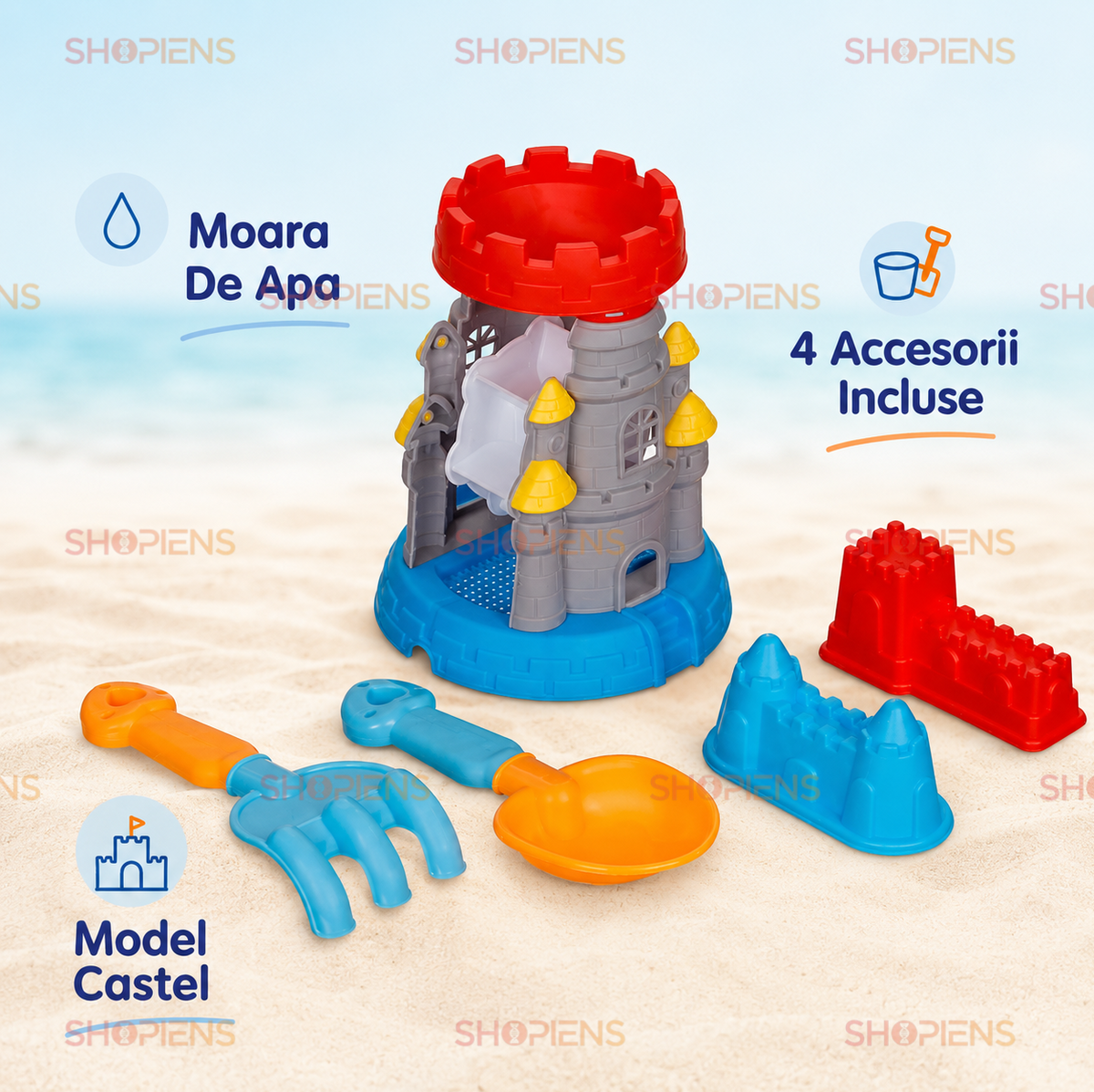 Set Castel Cu 4 Accesorii Pentru Plaja Copii Ø17.5x22.5 cm Grebla Lopatica Si Forme
