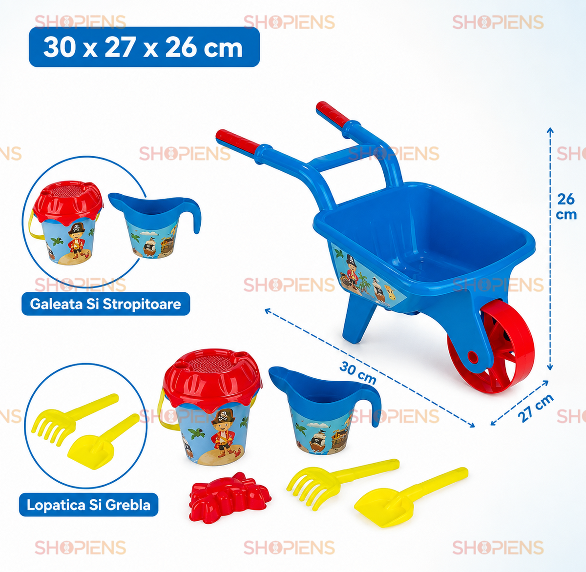 Set Roaba Cu 5 Accesorii Plaja Copii Model Pirati 30x27x26 cm Galeata Cana Lopatica Grebla Forma Crab