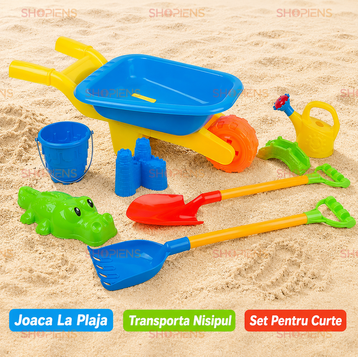 Set Roaba Cu 7 Accesorii De Plaja Pentru Copii 58x24x19 cm Galeata Stropitoare Si Forme