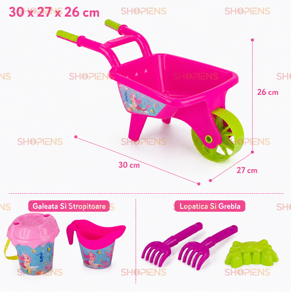 Set Roaba Roz Cu 5 Accesorii Plaja Copii Model Sirena 30x27x26 cm Galeata Cana Greble Forma Crab
