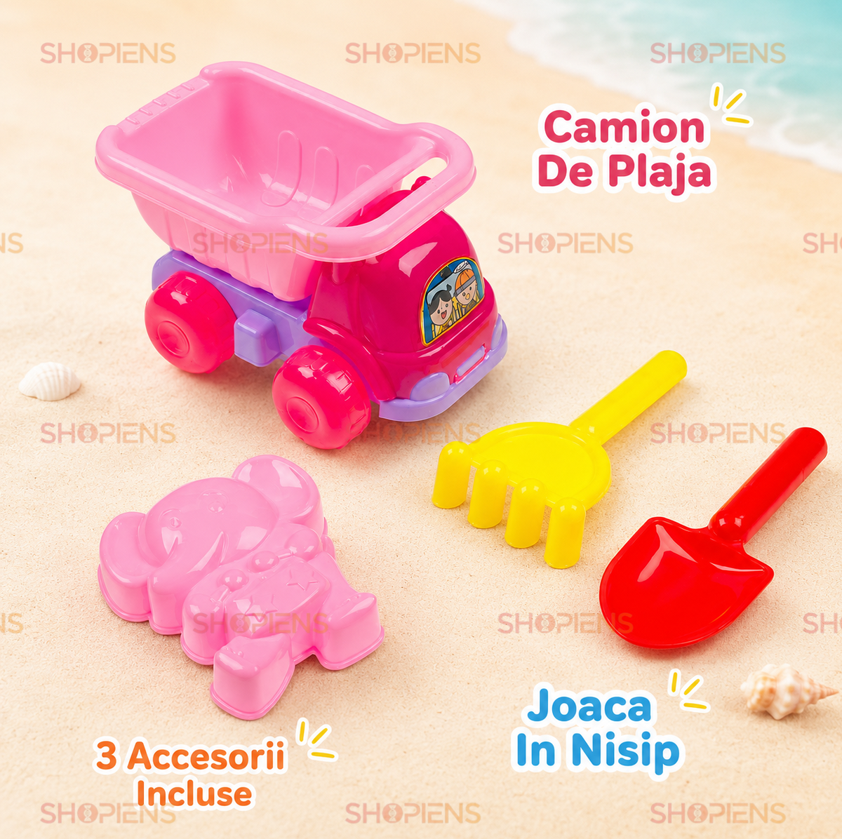 Set 4 Piese Plaja Copii Camion Roz Cu Bena Lopatica Grebla Si Forma Elefant Pentru Nisip