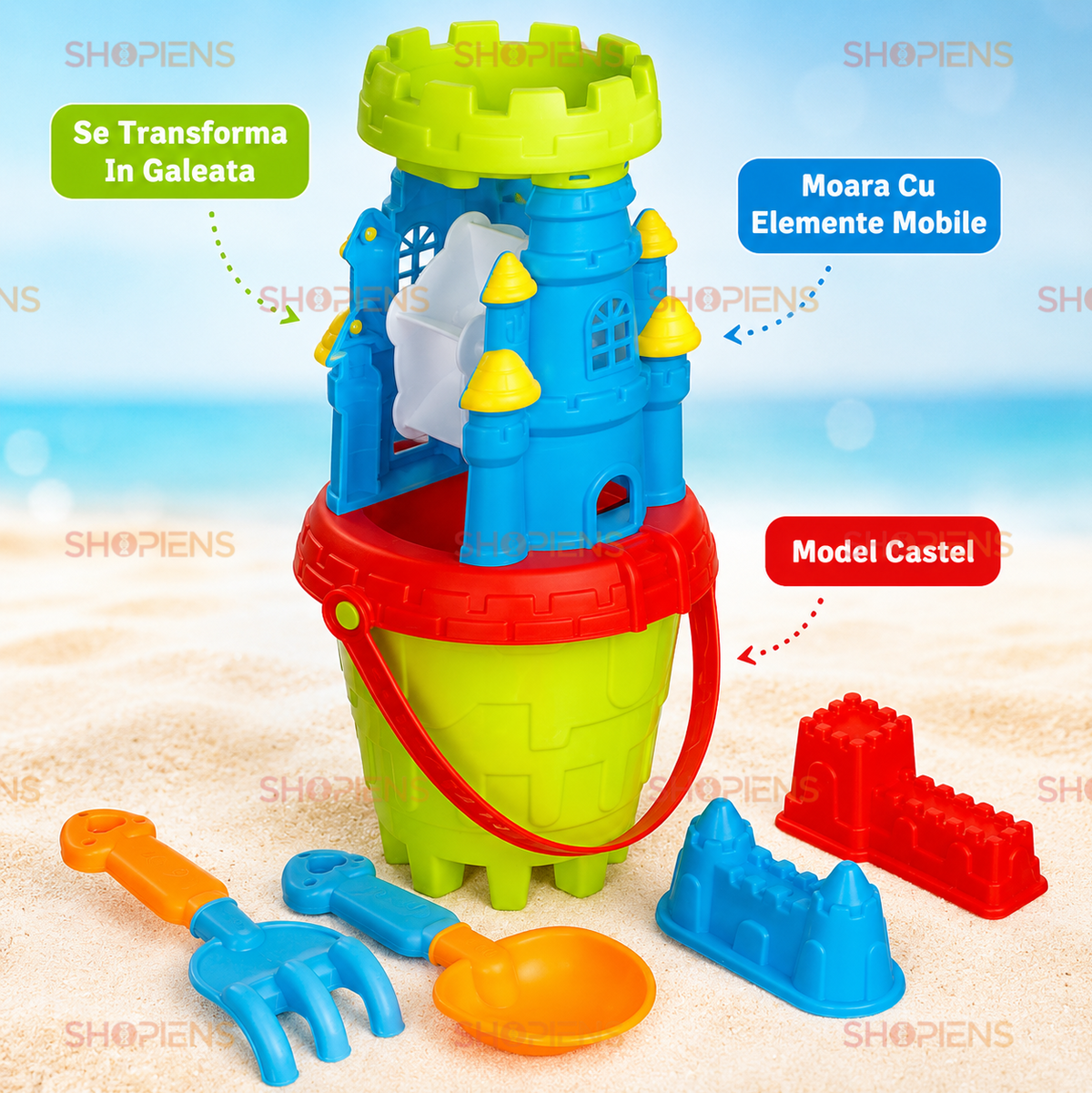 Set Galeata Castel Cu 4 Accesorii Pentru Plaja Copii Ø20x37.5 cm Lopatica Grebla Si Forme