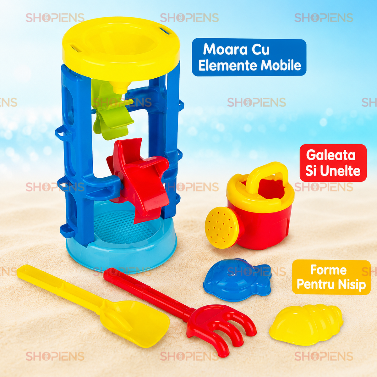 Set Moara Cu 4 Accesorii Pentru Plaja Copii Ø18x29 cm Joaca In Nisip Si Apa