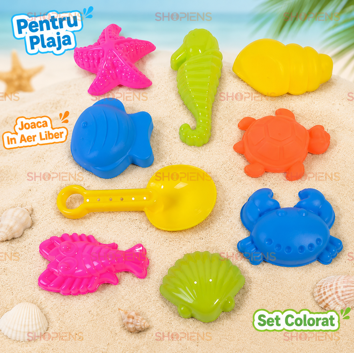 Set 9 Jucarii Nisip Copii Cu Lopatica Si Forme Animale Marine Colorate Pentru Plaja