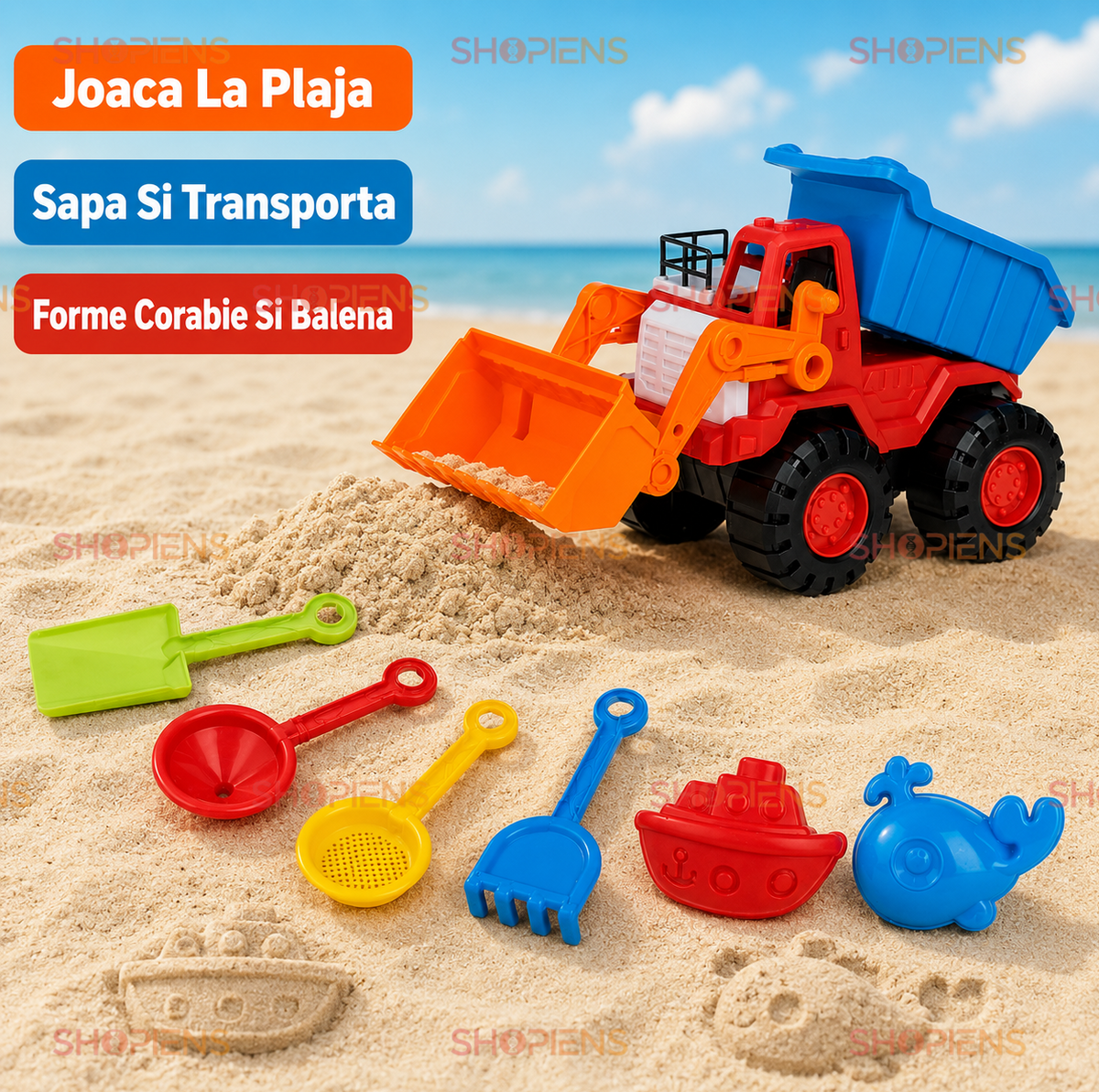 Set 7 Piese Plaja Copii Cu Buldozer Rosu Albastru Cupa Frontala Si Accesorii Pentru Nisip