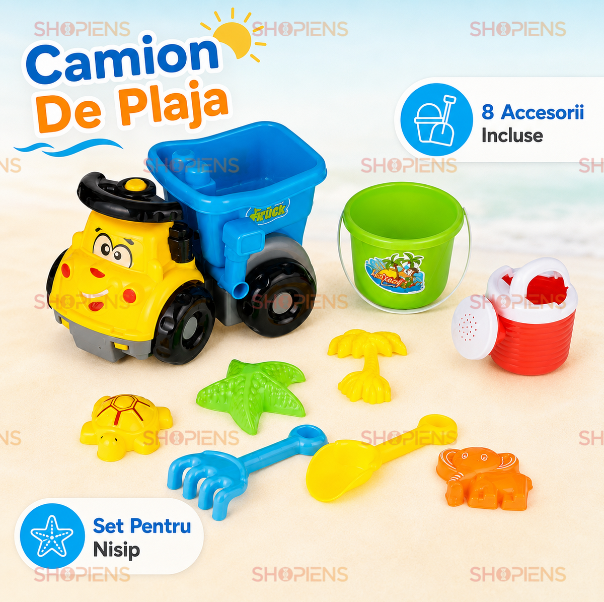 Set 9 Piese Plaja Copii Cu Camion Galben Albastru Galetusa Stropitoare Lopata Grebla Si Forme Marine