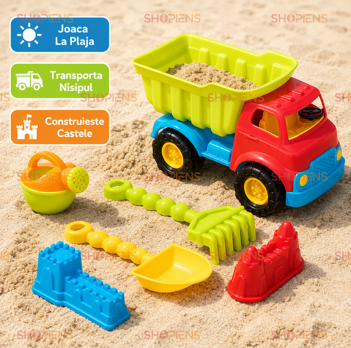 Set 6 Piese Pentru Nisip Cu Camion Mare Rosu Verde Lime Stropitoare Lopata Grebla Si Forme Castel