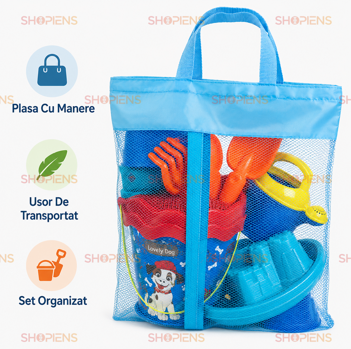 Set 8 Piese Plaja Copii Cu Plasa Transport Galetusa Vaporas Stropitoare Lopatica Grebla Si Forme