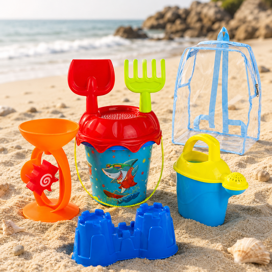 Set 7 Piese Plaja Copii Cu Ghiozdan Transparent Galetusa Rechin Moara Stropitoare Si Forma Castel