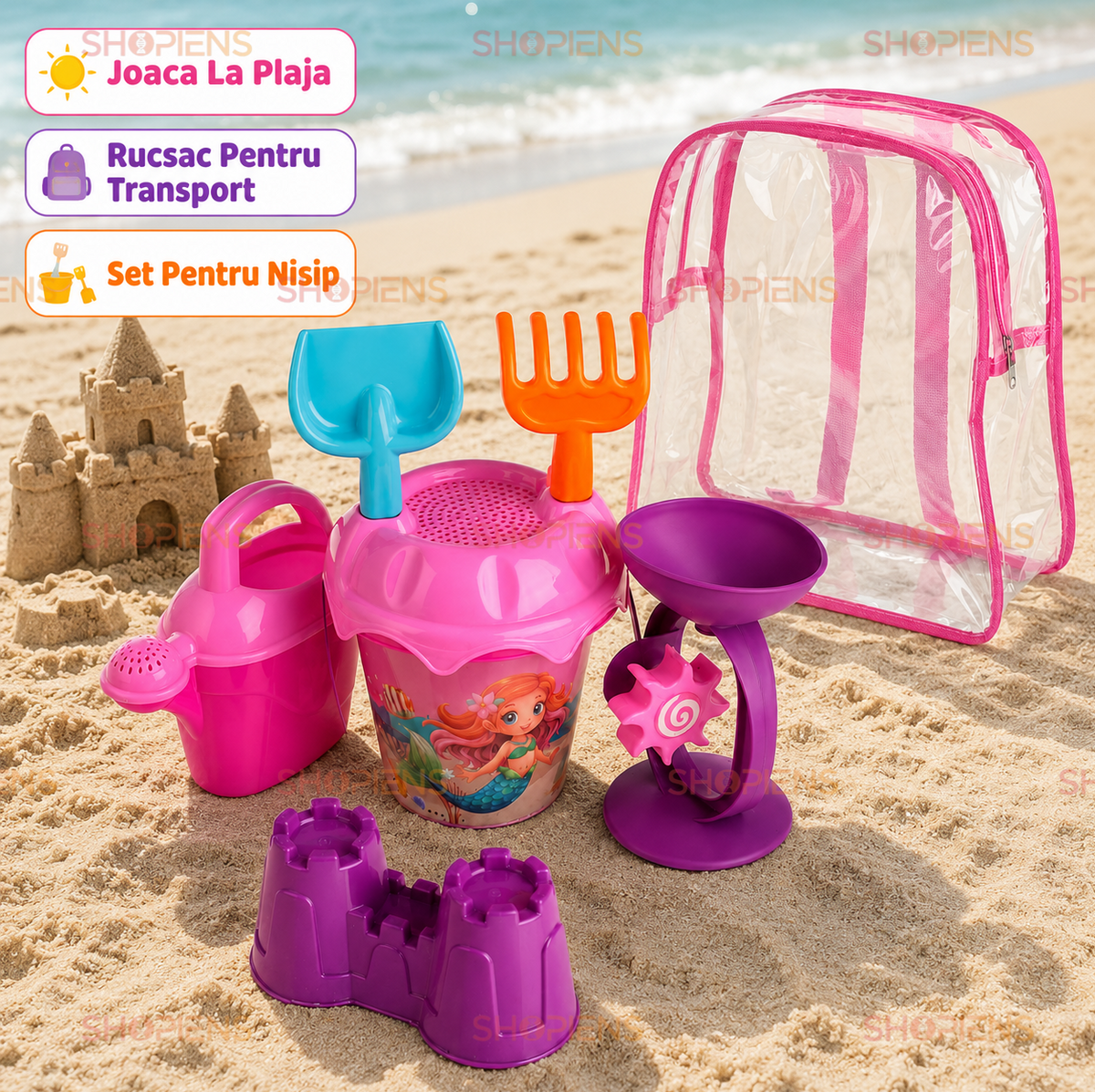 Set Ghiozdan Transparent Roz Cu 6 Accesorii Plaja Copii Galetusa Sirena Moara Stropitoare Si Castel
