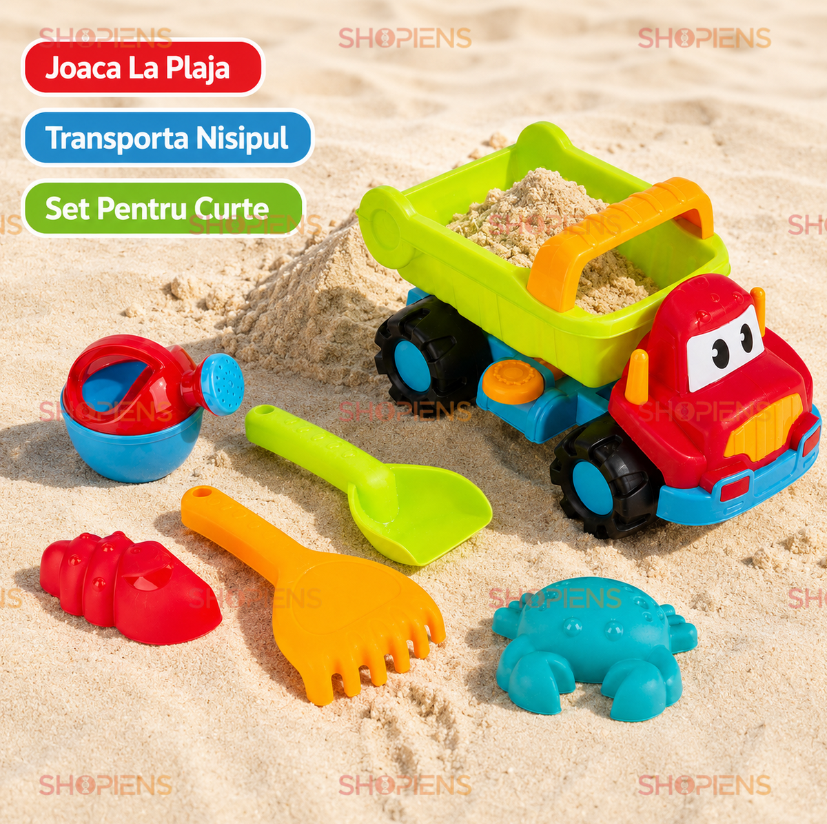 Set 6 Piese Nisip Copii Cu Camion Verde Lime Stropitoare Lopatica Grebla Si Forme Marine