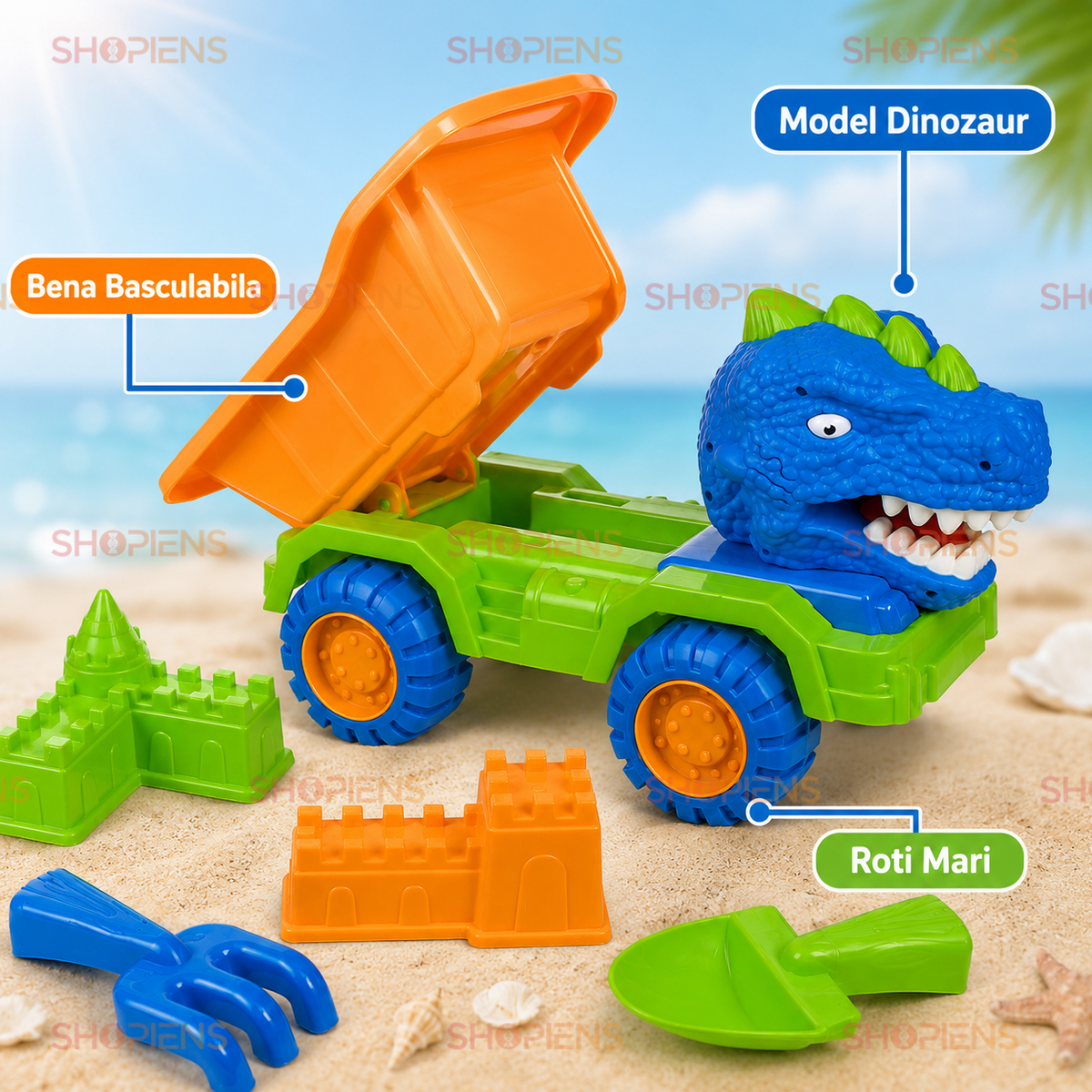 Set 6 Jucarii De Plaja Cu Camion Dinozaur Verde Albastru Lopata Grebla Si Forme Castel