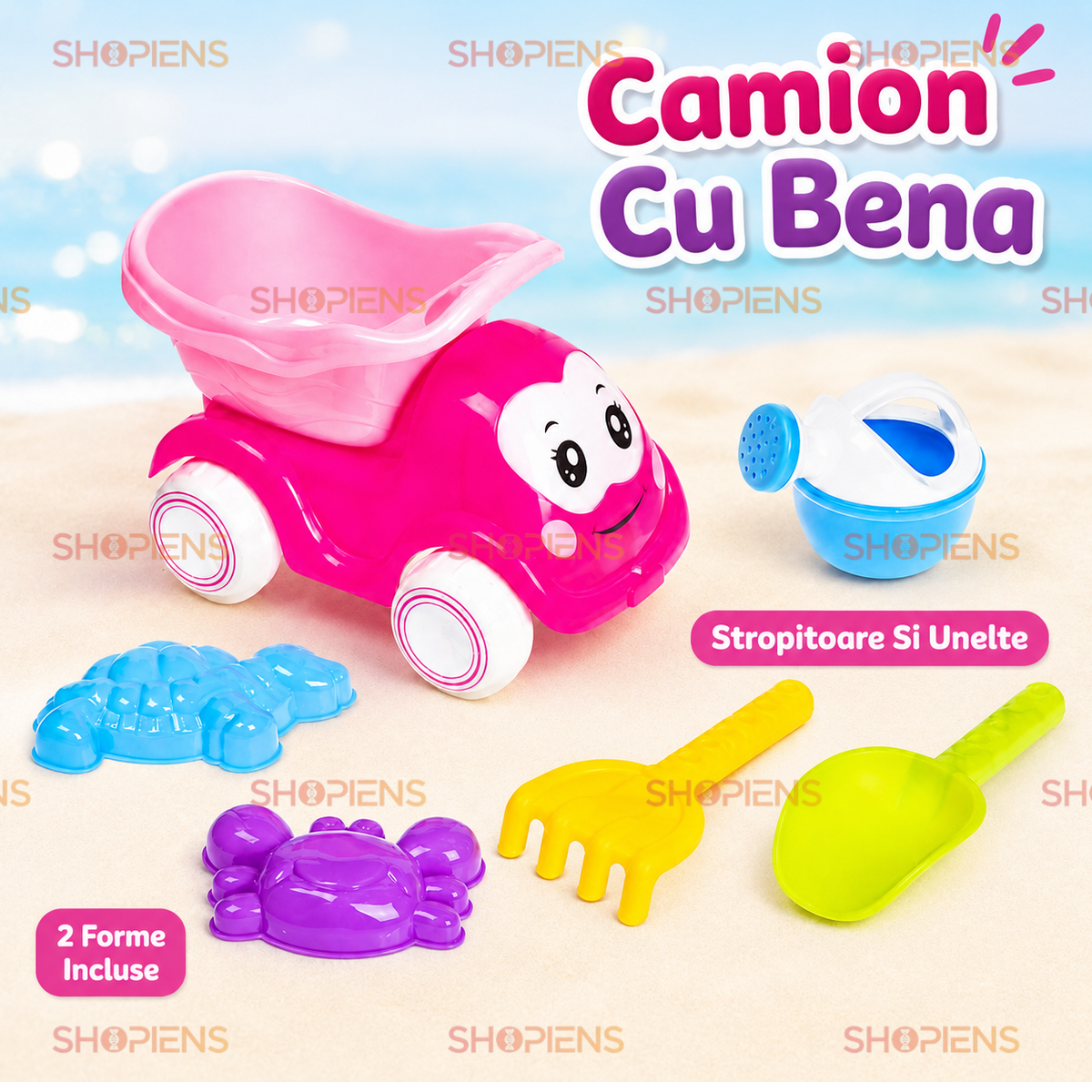 Set 6 Accesorii Plaja Copii Cu Camion Roz Stropitoare Lopatica Grebla Si Forme Pentru Nisip