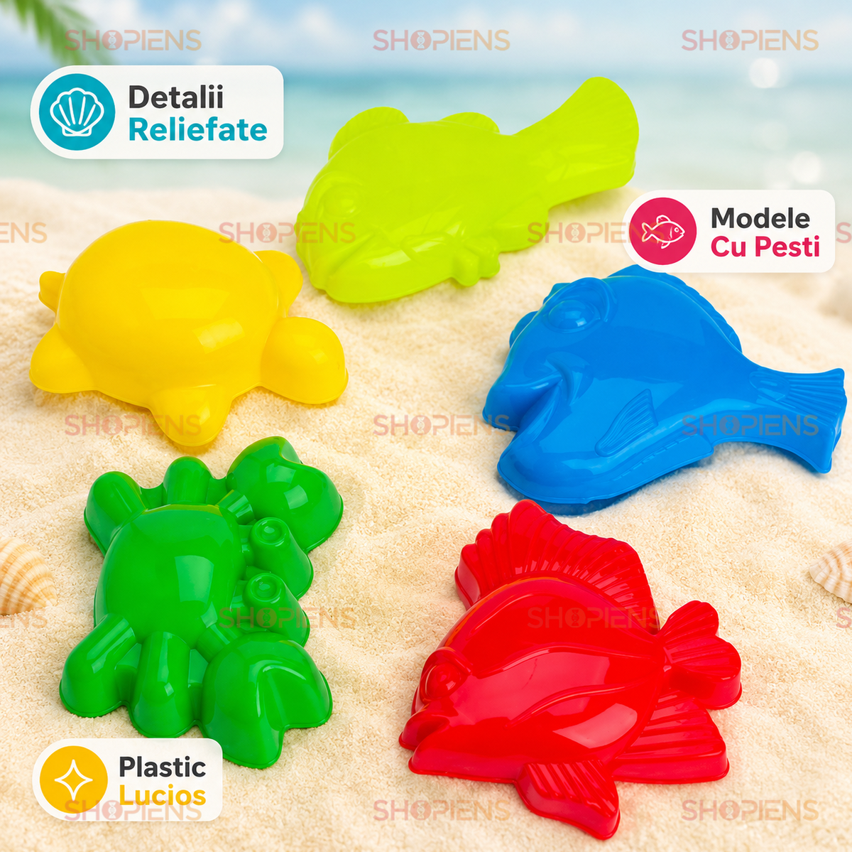 Set 5 Forme Nisip Copii Colorate Cu Animale Marine Pentru Plaja Si Joaca In Aer Liber