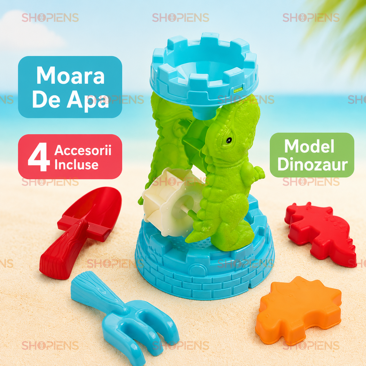 Set Moara Dinozaur Cu 4 Accesorii Pentru Plaja Copii Ø18x29 cm Lopatica Grebla Si Forme