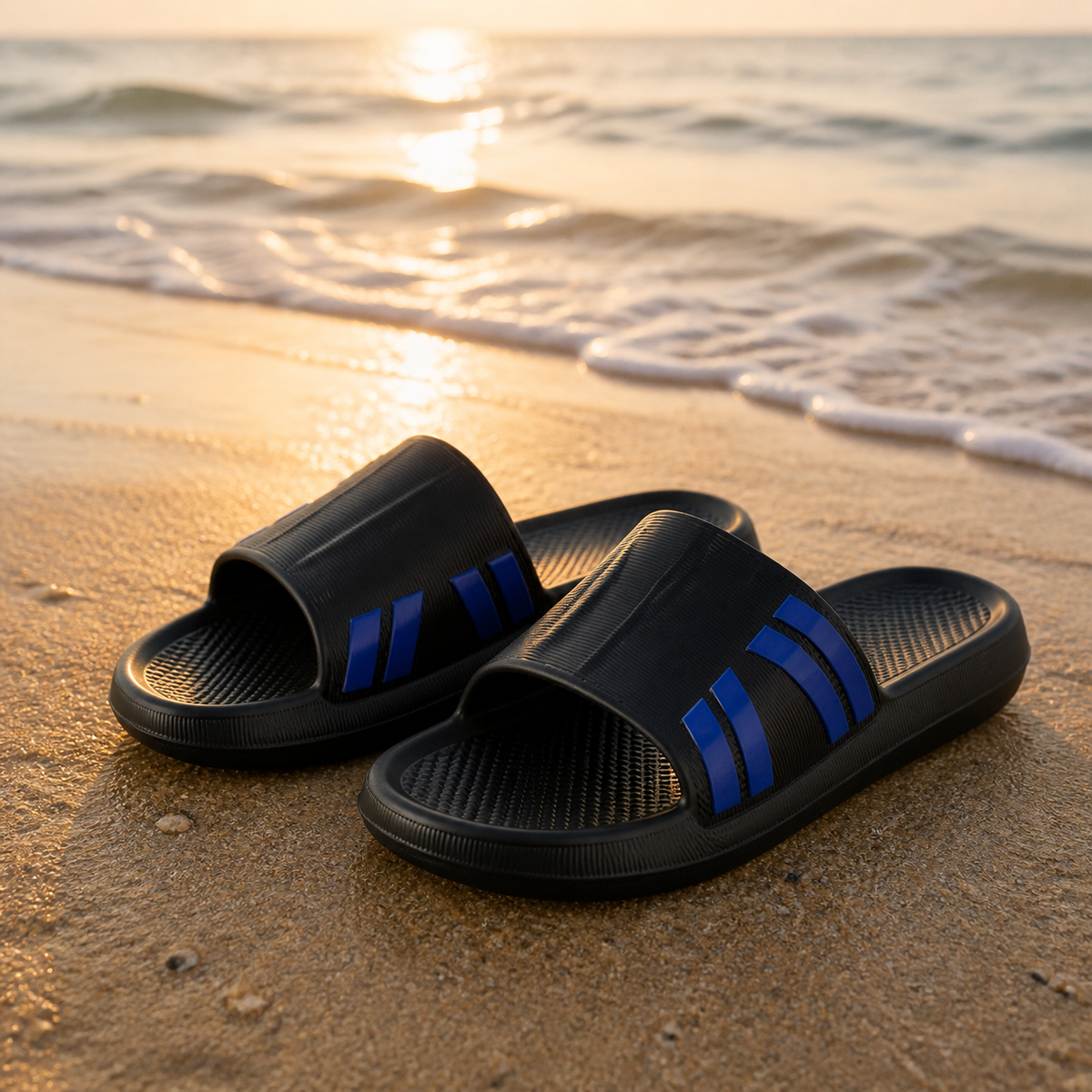 Papuci Barbati Negri Cu Dungi Albastre