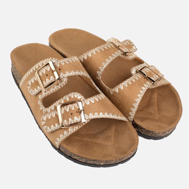 Papuci Dama Camel Cu Barete Duble Si Catarame Aurii