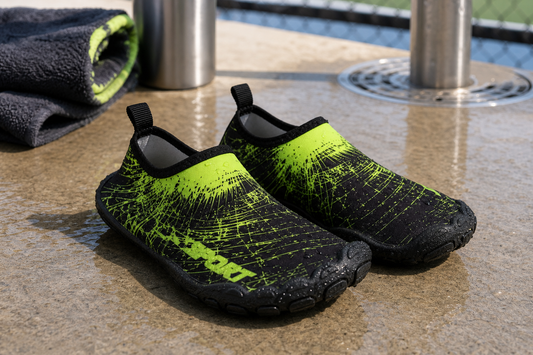 Papuci Baieti De Apa Negri Cu Imprimeu Verde Lime Sport