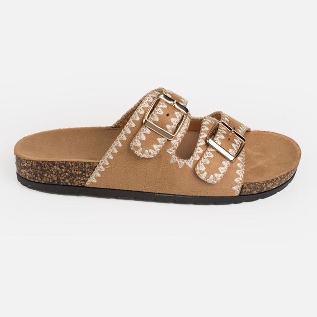 Papuci Dama Camel Cu Barete Duble Si Catarame Aurii