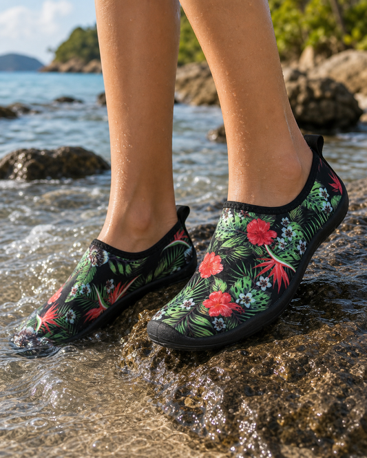 Papuci Dama De Apa Negri Cu Flori Tropicale